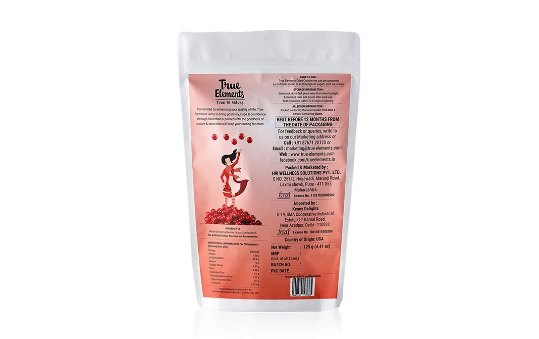 True Elements Dried Whole Cranberries    Pack  125 grams